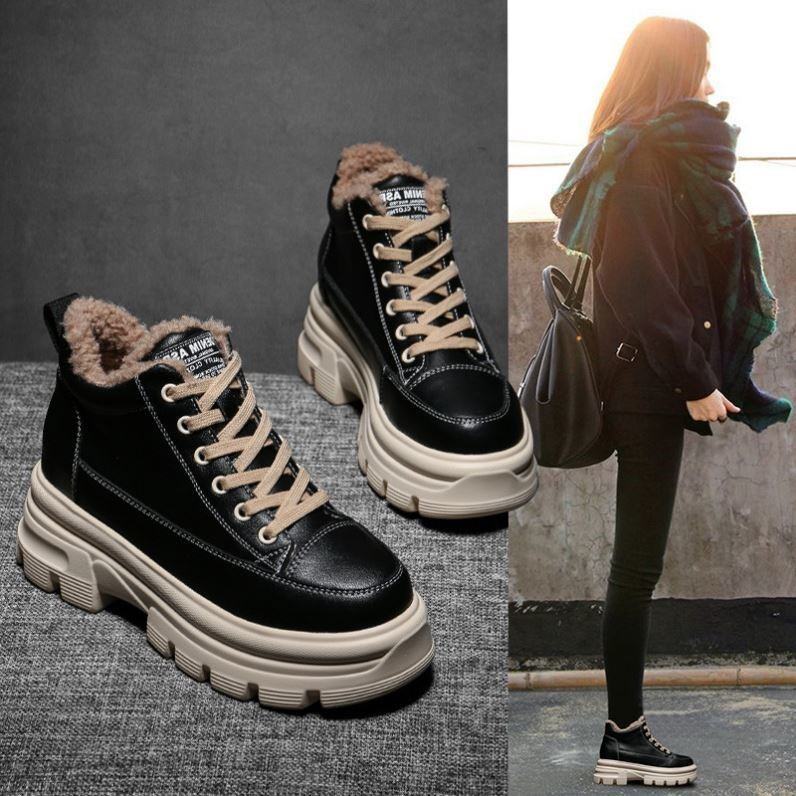 Elevator Dad Shoes Women's Shoes Autumn and Winter 2021 New Board Shoes Thick-Soled High-Top Shoes Genuine Leather Fleece-Lined Snow Cotton Shoes