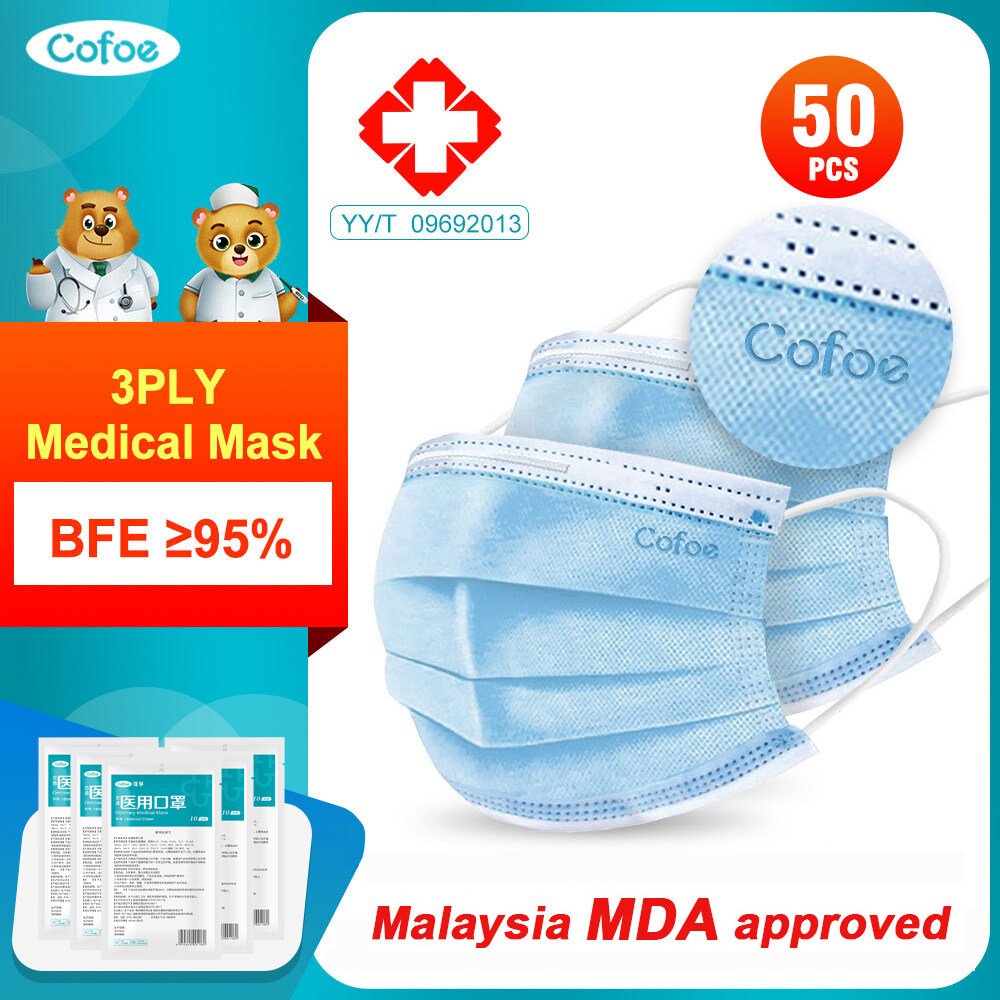 Cofoe 50pcs 3 Ply Disposable Medical Face Mask Anti-virus Anti-fog Non Woven Masks with Elastic Earloop Dustproof 3 Layer Protective Cover Facemask for Adult- CE/MDA approved