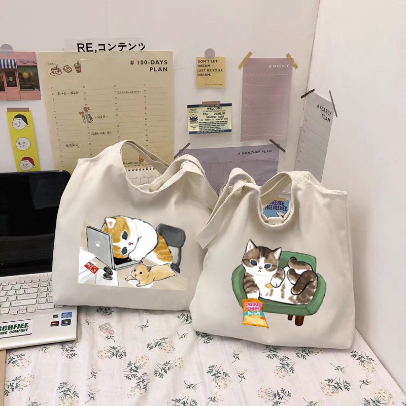 Cute Cat Print Canvas Tote Bag Casual Storage Bags Large Capacity Shopping Bag Women Totebag for Student Shoulder Bag 帆布包 Ins