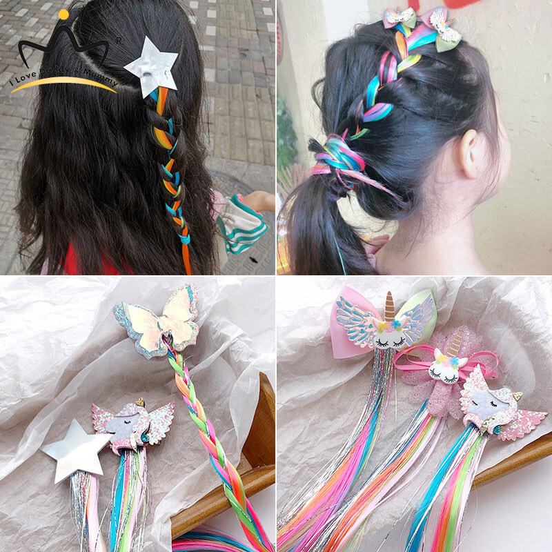 Colorful Wig Pigtail Elastic Hair Band for Girls Sequin Glitter Unicorn Scrunchies Ponytail Hair Ropes Kids Headwear