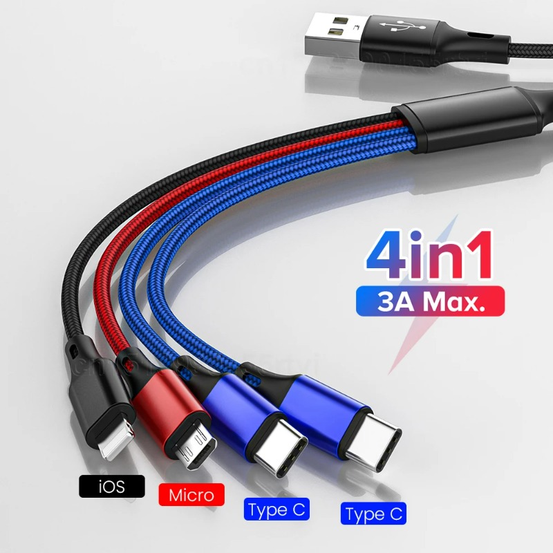 4 in1 Super Fast Charging Cable iPhone/Micro USB/Type C Data Cord for Huawei Samsung Xiaomi Quick Charge