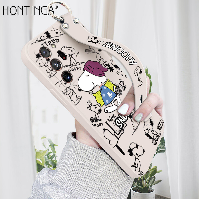 (With WristStrap)Hontinga Casing Case For Samsung Galaxy Note 20 Ultra/Note20 Case Anime Cute Square Original Liquid Soft Silicone Edge Pattern Rubber Case Full Camera Protection Cases Back Phone Casi