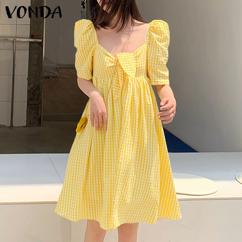 VONDA Womens Summer Shirt Dress Puff Sleeve Sundress Plaid Printed Casual Tunic Dress (Korean Causal)