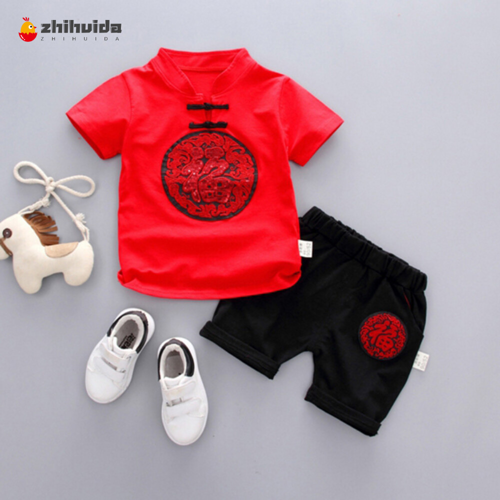 Zhihuida baby boy 0-5 years old suit Toddler Baby Boys Short Sleeve Chinese Style Printed T-Shirt Tops+Shorts Casual Outfits Clothes Sets