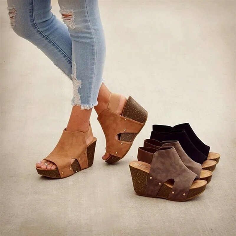 Women Summer Wedge Fish Mouth Sandals Casual Platform Shoes Fashion Female Heels Slippers Plus Size