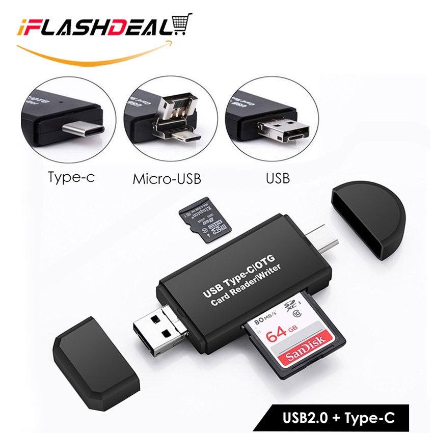 iFlashDeal SD/Micro SD Card Reader Writer USB 3.0 Memory Card Reader OTG Adapter Viewer Micro SD/TF Compact Flash Card Reader with 2 in 1 USB/Type C