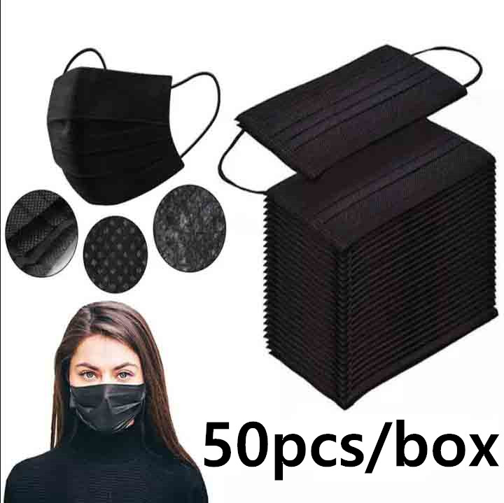 Supersto [Fast Delivery] 50pcs Black 3ply Face Mask Disposable Mask Universal Breathable Dustproof Anti-foam with Meltblown Mask