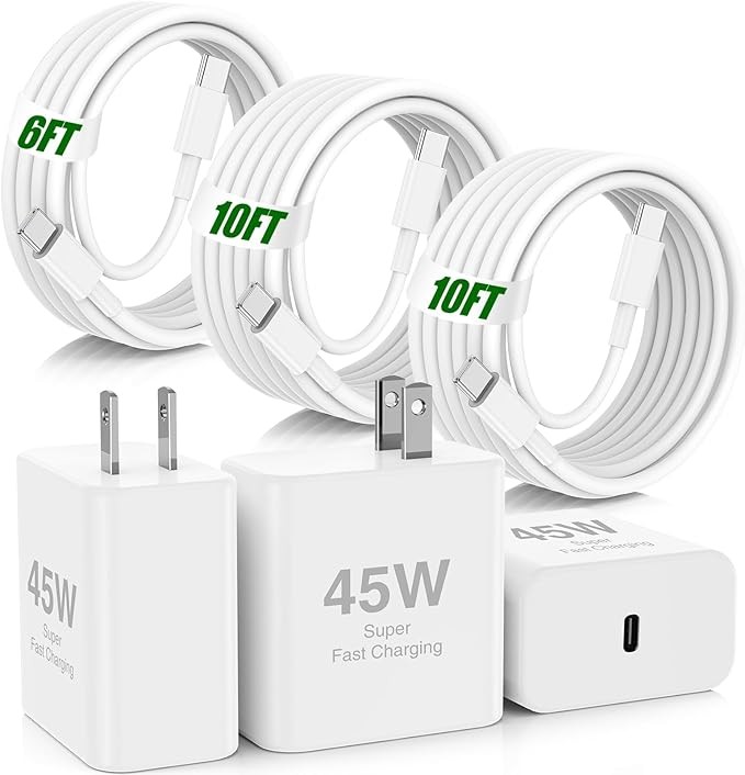 45W Super Fast Charger for iPhone 16 Pro Max, 3-Pack USB-C Fast Charging Blocks with 10/10/6-Foot C-to-C Cables, Compatible with iPhone 16 Pro/AirPods 4/AirPods Pro 2/iPad 10/11/Samsung S25 Ultra