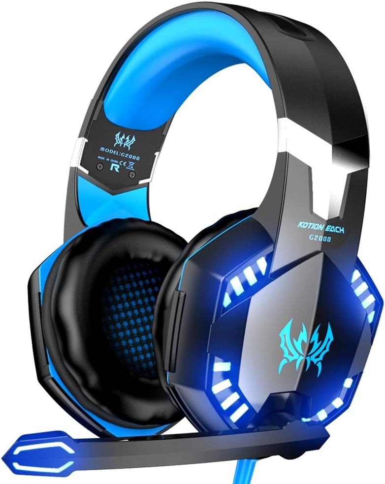 VersionTECH. G2000 Gaming Headset, Bass Surround Gaming Headphones with Noise Cancelling Mic, LED Lights, Soft Memory Earmuffs for PS5/ PS4/ Xbox One Controller/Laptop/PC/Mac/Nintendo NES Games-Blue